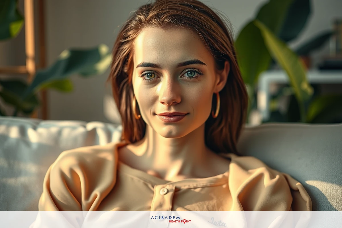 A woman with blonde hair and blue eyes, wearing a light-colored long sleeve shirt. She is seated on a sofa against an indoor backdrop, possibly in a room with large plants.