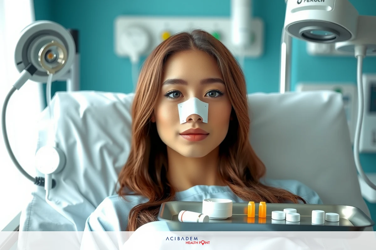 A young woman is seated in a hospital bed, receiving medical treatment. She appears to be resting or being monitored. The room is clinical with medical equipment around her.