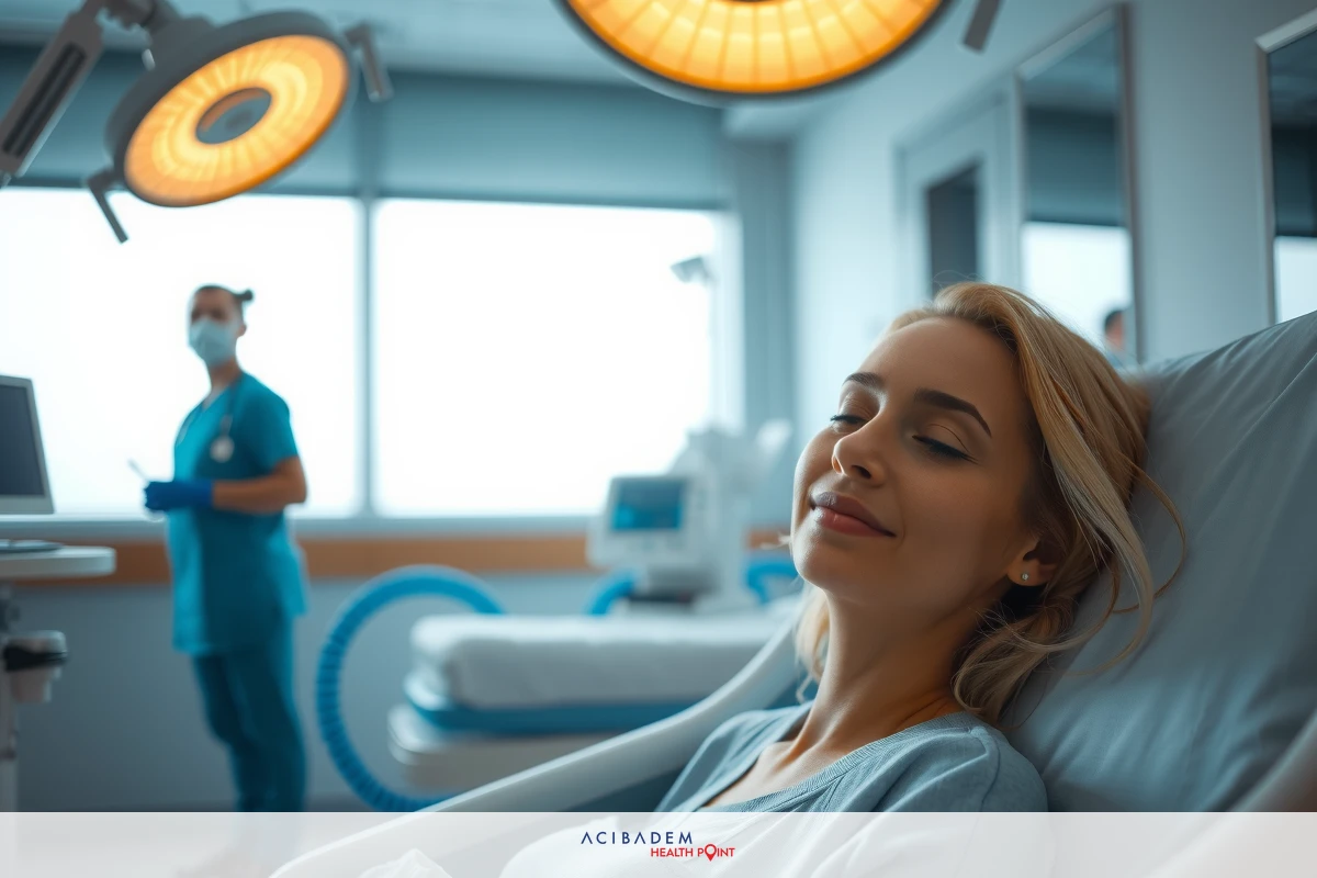 The image depicts a woman in a hospital bed during or after surgery. She is wearing medical gown and appears relaxed with closed eyes, possibly asleep. A surgeon stands attentively by her side, dressed in sterile garments typical of operating rooms. The environment suggests a clean, modern healthcare facility with professional staff focused on patient care.