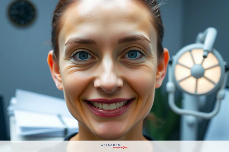 The image shows a woman smiling at the camera. She has light skin and is wearing makeup, including lipstick. Her hair is tied back, and she appears to be in an indoor setting with artificial lighting.