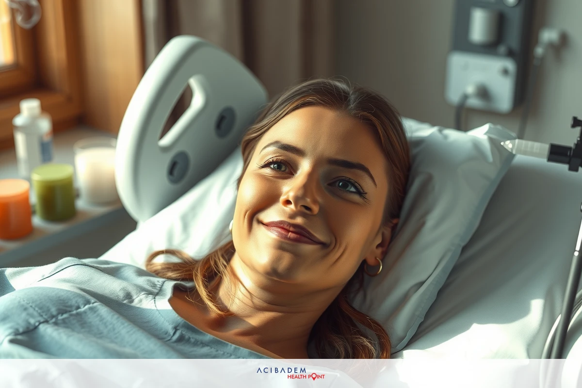 Image of a woman lying on a hospital bed with medical equipment around her. She is smiling and appears to be in good spirits despite being in the hospital.