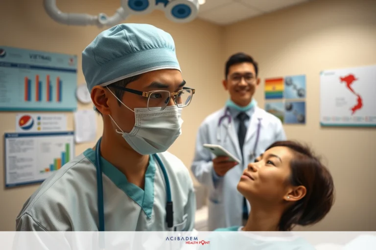 In the image, a medical team in surgical gowns and masks is conducting a pre-operative check on a patient. The patient is seated with her head positioned back for an examination. A hospital setting is evident from the clinical equipment and white walls.