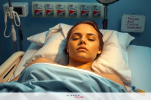 The image depicts a hospital scene with a patient lying on a bed. The woman has her eyes closed and appears to be sleeping or resting. The bed is in a medical setting, indicated by the presence of medical equipment and medical monitors.