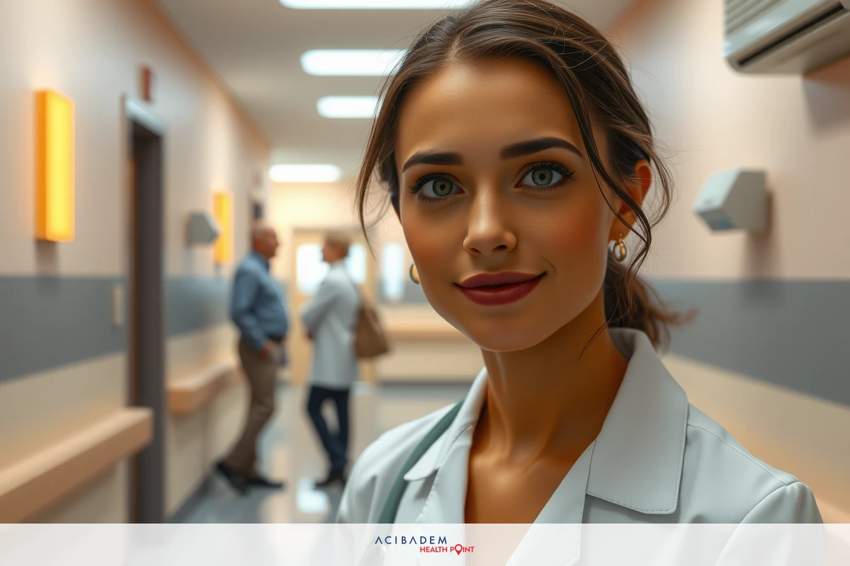 A woman in a white lab coat stands in an exam room. She has light skin, blonde hair and is looking slightly to her right with a slight smile. The room has a clinical appearance, typical of medical settings, with light walls and ceiling lights.