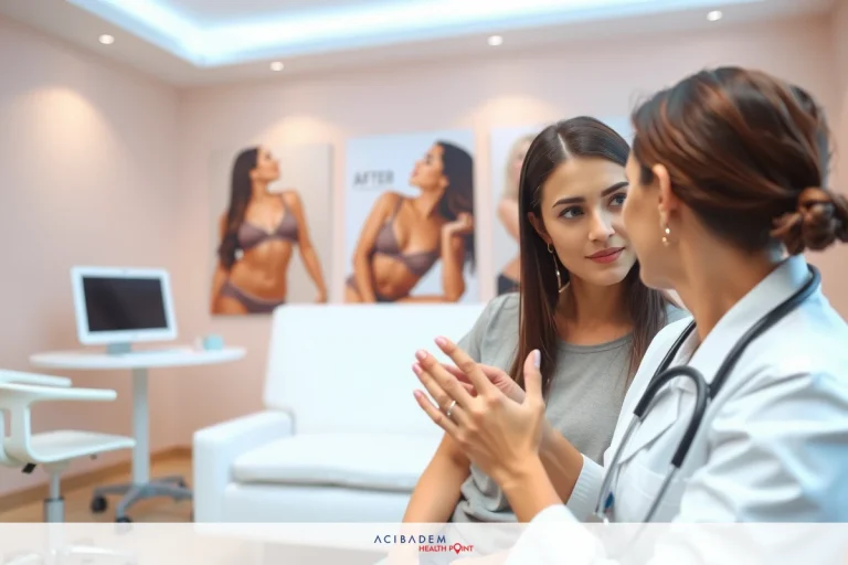 The image depicts an indoor setting, likely a medical or cosmetic office. A female doctor is in conversation with another woman who appears to be the patient. The focus of their discussion is not clear from the image. On the wall behind them are posters or images featuring a woman's body and underwear.