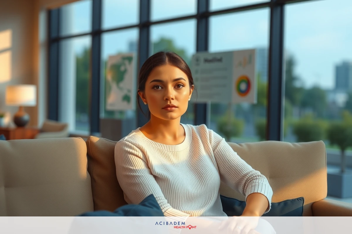 A woman wearing a white blouse sits contemplatively on a couch in an indoor setting, with a large window allowing natural light to stream in and highlight the surrounding environment.
