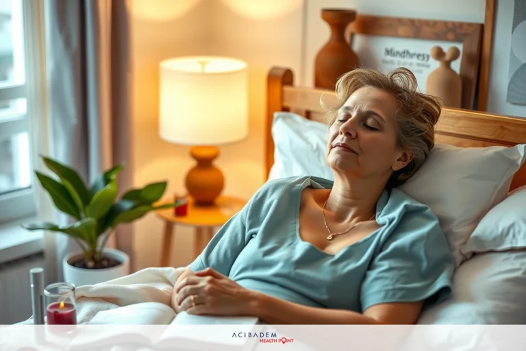Can I Take Sleep Aid After Rhinoplasty The image depicts a woman in a hospital bed, lying down with her eyes closed. She appears to be resting or sleeping. To her side is a reading book and a plant on the nightstand beside the bed.