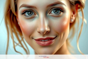 The image is a close-up portrait of a woman with blonde hair and blue eyes. She has makeup on, featuring prominent eyelashes and eyeshadow in a warm tone. The skin appears smooth, and the expression is pleasant with a small smile.