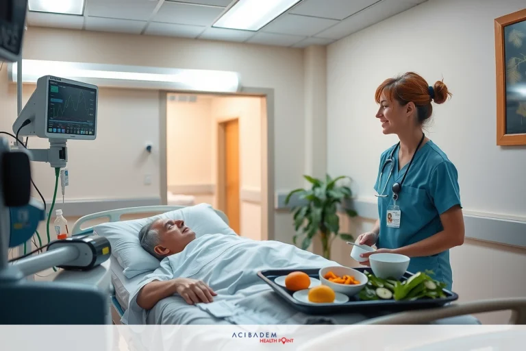What Do You Need After BBL Surgery A male hospital patient lying in bed with a female nurse standing at his side, attentively checking on him. The environment is sterile and brightly lit, indicating an active medical setting.