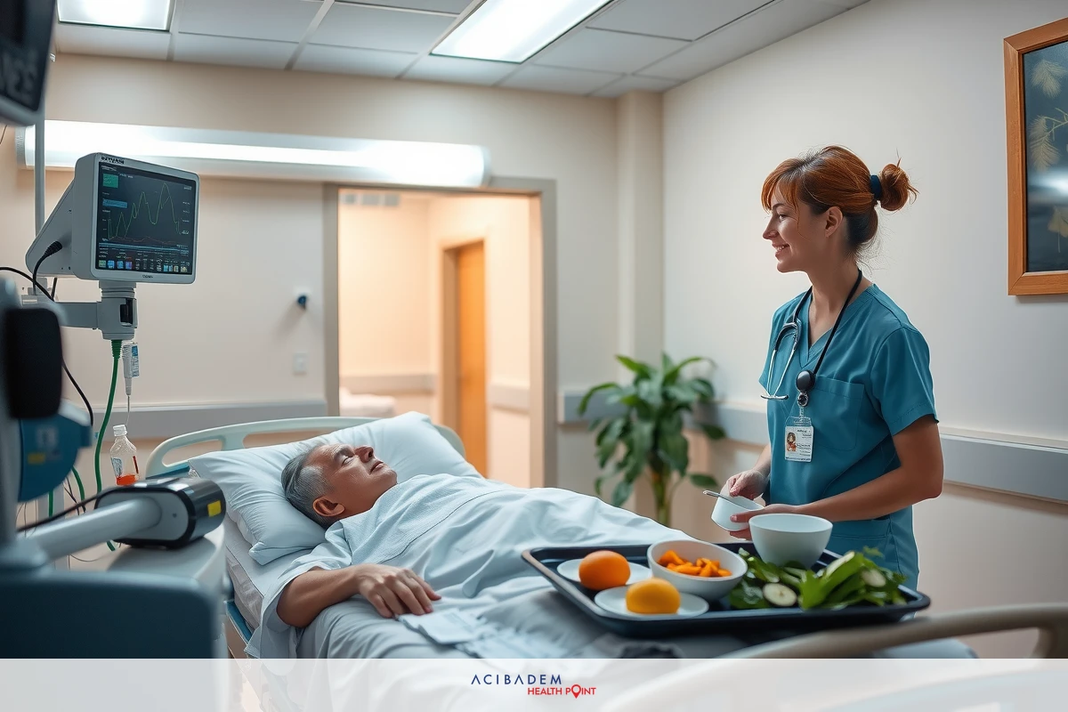 A male hospital patient lying in bed with a female nurse standing at his side, attentively checking on him. The environment is sterile and brightly lit, indicating an active medical setting.