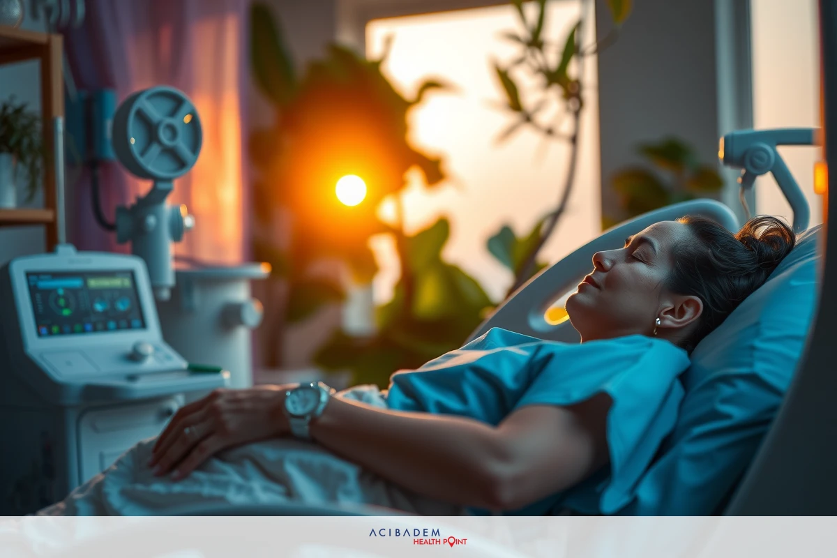 A woman lying in a hospital bed, monitored by medical equipment. She is wearing blue scrubs and appears to be resting or receiving treatment.