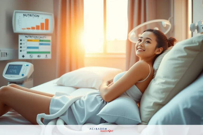 The image depicts a woman lying in bed, smiling at the camera. She appears to be in a hospital or healthcare setting, as suggested by the medical equipment visible around her. The room has a bright and sunny atmosphere due to the presence of natural light coming from a window. The overall tone of the image is positive and reassuring.