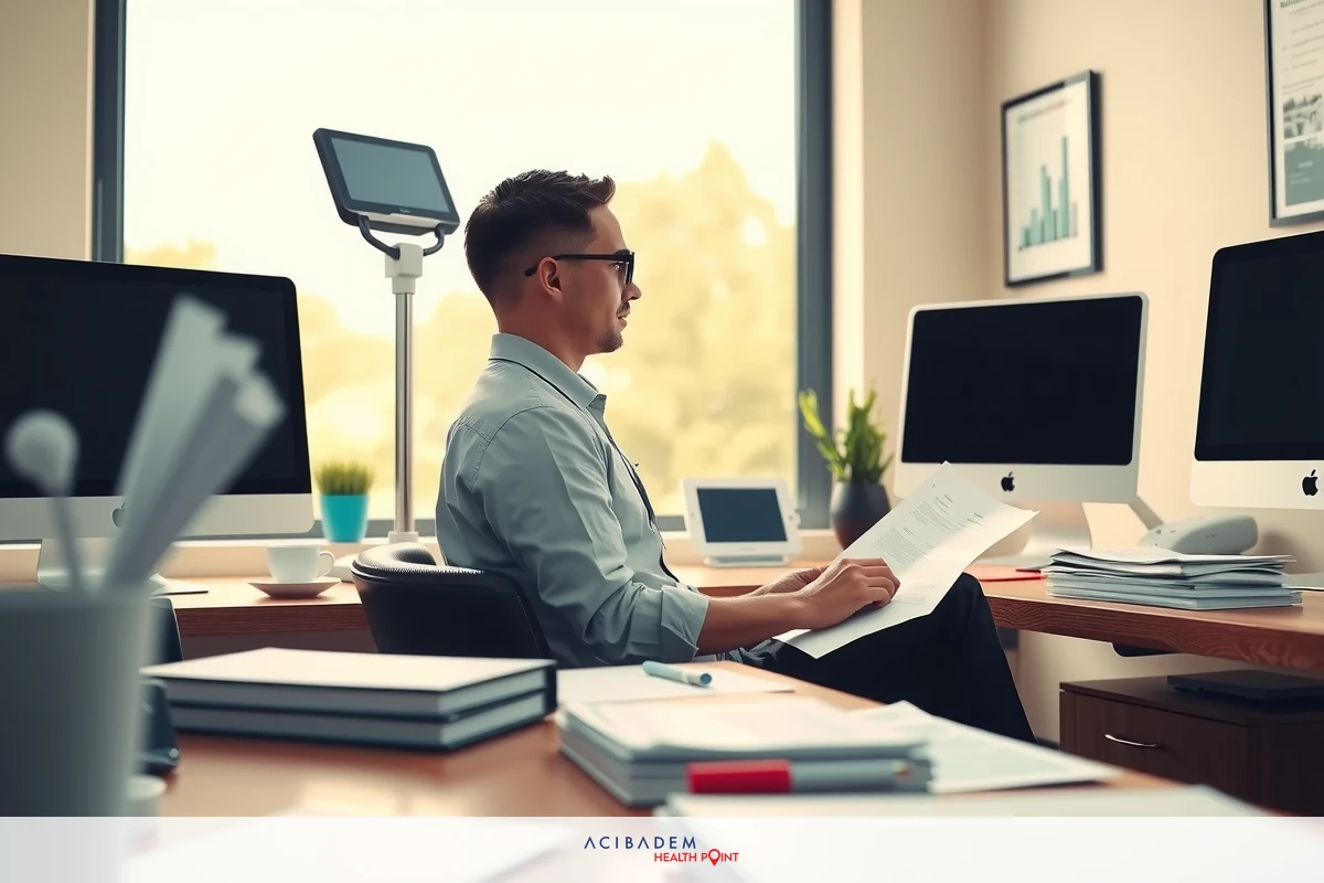 A man in a professional setting focused on his work at a desk with multiple computers and devices. He is sitting in front of a large window, wearing glasses and appears to be engaged in a task on one of the many computer monitors in front of him.