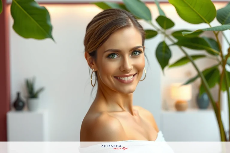A beautiful woman with blonde hair and a radiant smile is captured in an indoor setting. She's wearing an elegant off-the-shoulder top and is surrounded by lush greenery that includes large potted plants, adding a touch of nature to the scene.