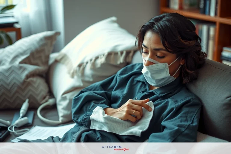 A woman wearing a medical mask is lying on a couch with her hands clasped. She appears to be feeling unwell, with an expression of discomfort. Her environment includes a couch and multiple books in the background.