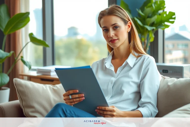 A professional woman sitting on a couch in an office space, reading a document and smiling while engaging with her work environment.