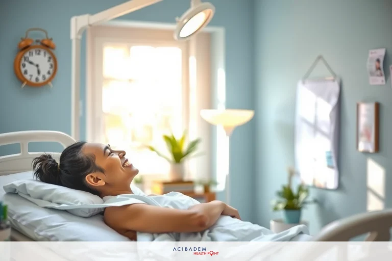 How Long After BBL Surgery Can You Drink A person is laying down in a hospital bed with their arms crossed on their chest. They are smiling and appear to be relaxed or laughing. The room has a window letting in natural light, suggesting it's daytime. There are medical charts on the wall and a clock nearby.