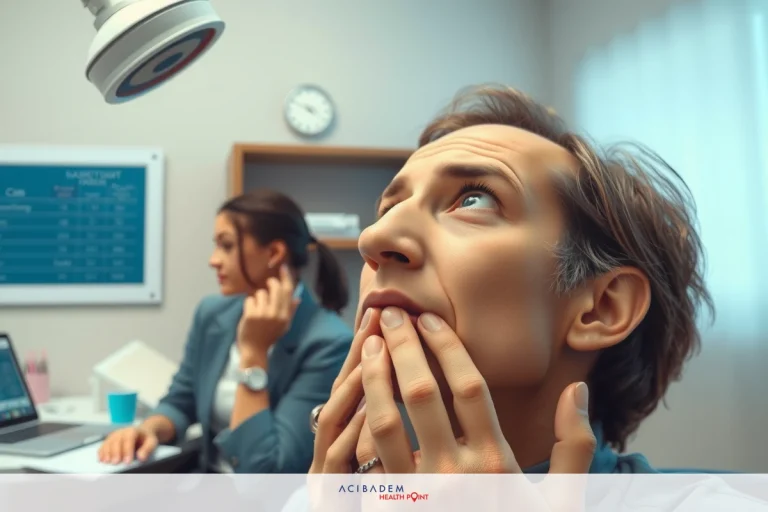 The image depicts a man in a room, possibly an office or medical setting. The man appears to be reacting with surprise or concern while another person is seated across the table. Both individuals seem engaged in conversation.