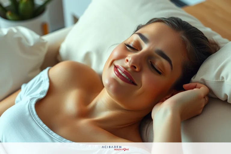 The image shows a woman lying down in a comfortable environment, likely in her home. She is smiling and has her eyes closed, possibly enjoying a moment of relaxation or sleep.