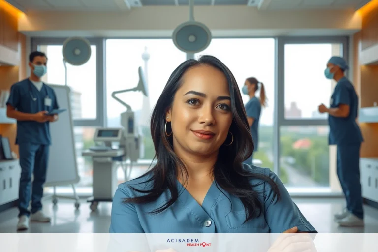 In this image, a female doctor is the primary subject. She is dressed in professional attire and stands confidently with her arms crossed in an operating room environment. The room has various medical equipment visible, including what appears to be a patient monitor on a stand to one side. The color scheme of the image includes neutral tones, typical of medical settings, with some blue accents in the background that suggest the presence of technology or electronic devices.