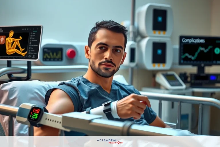 In the image, a man is lying in a hospital bed. He appears to be hooked up to medical monitoring devices such as an ECG machine and possibly other equipment for observation or treatment. The room has a modern look with a digital display showing heart rate data. The environment suggests a healthcare setting, likely within a hospital.