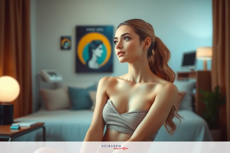A woman wearing a grey crop top sits on a bed. She has her hair styled in loose waves and is looking to the side. The room features neutral tones with a modern design, including a large picture on the wall. The overall ambiance suggests a clean and contemporary living space.
