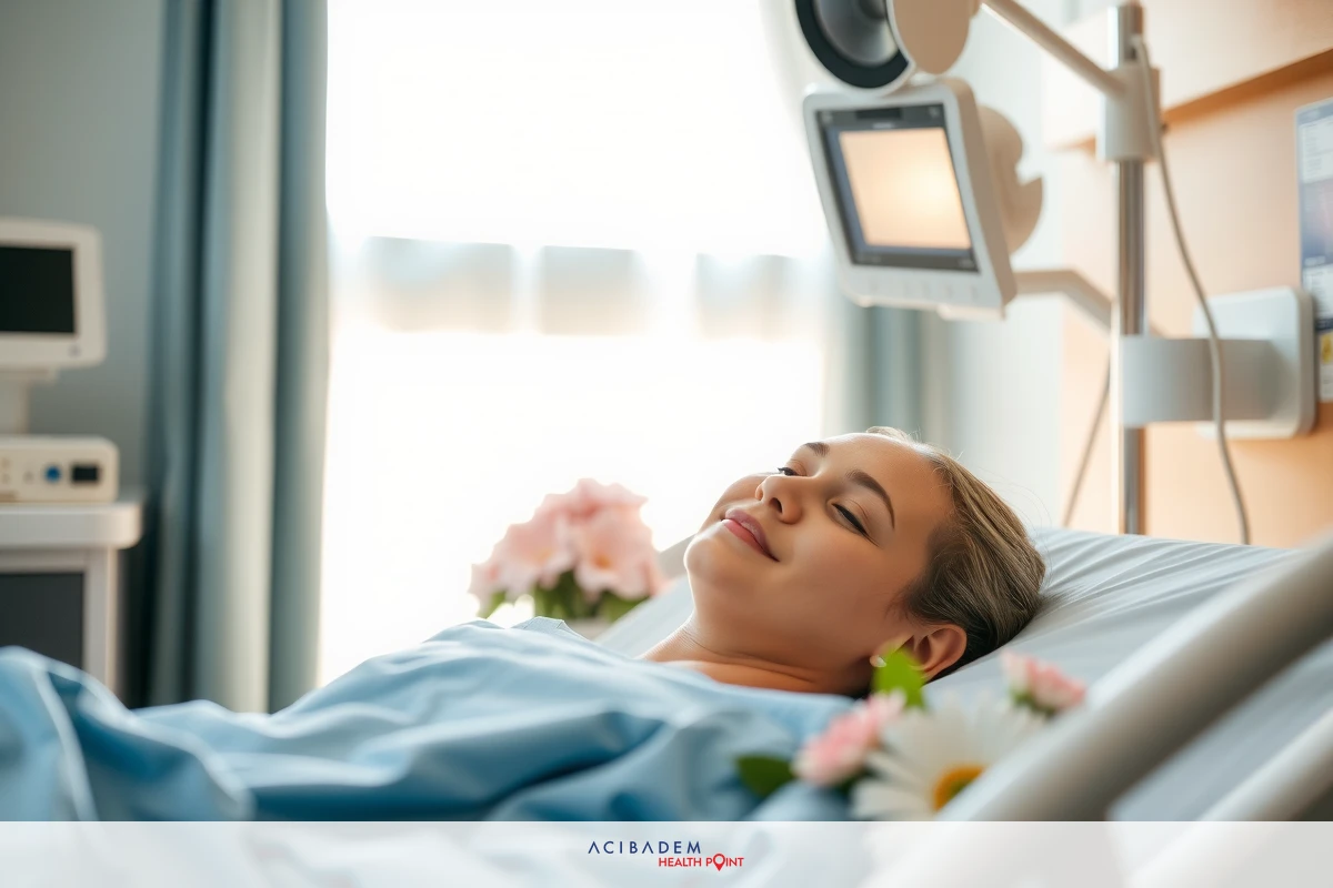 The image shows a woman lying in a hospital bed. She appears to be smiling and looking at the camera with a sense of contentment or hope. There are various medical devices around her, suggesting she is receiving treatment in a hospital setting. The focus is on her face and expression, conveying a message of care and positivity.