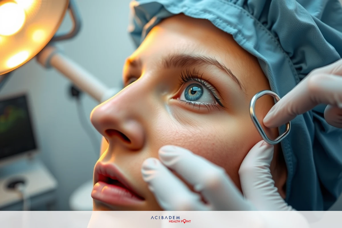 A woman is in a clinical setting, lying on her back with head resting on pillow. A surgeon is performing an examination on her.