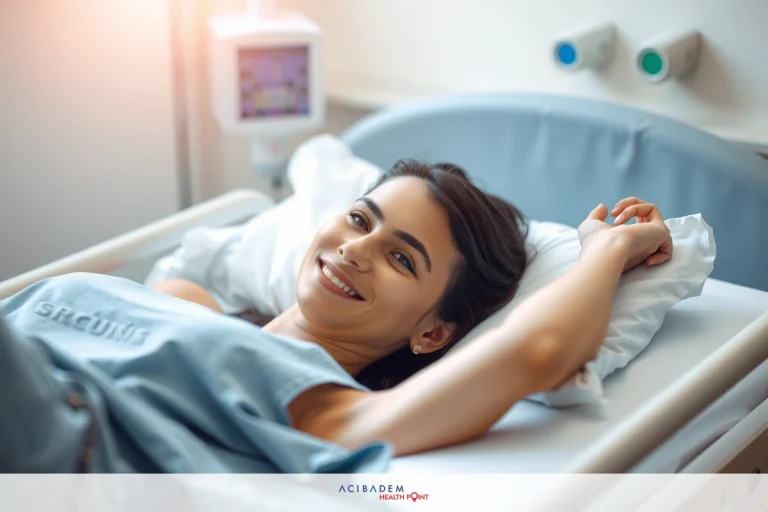 A woman in a hospital bed, smiling and resting. She has short brown hair and is wearing a light blue gown.