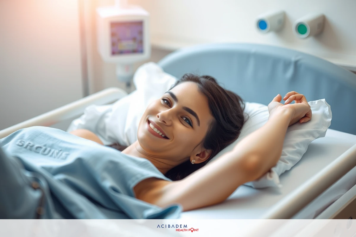 A woman in a hospital bed, smiling and resting. She has short brown hair and is wearing a light blue gown.