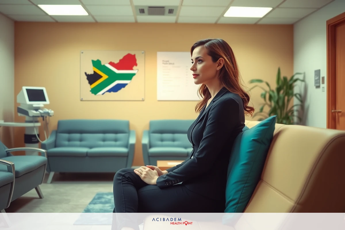 The image shows a woman sitting in an office setting. She is wearing professional attire and appears to be focused on something outside the frame of the image. The room has modern furniture, including a couch where she is seated, and a desk with a computer screen. On the wall behind her, there's a map of South Africa, indicating that this office might be located in or related to South African businesses.