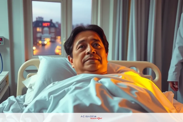 The image depicts a man lying in a hospital bed, smiling. He is surrounded by medical equipment and there is a view of the city through the window.