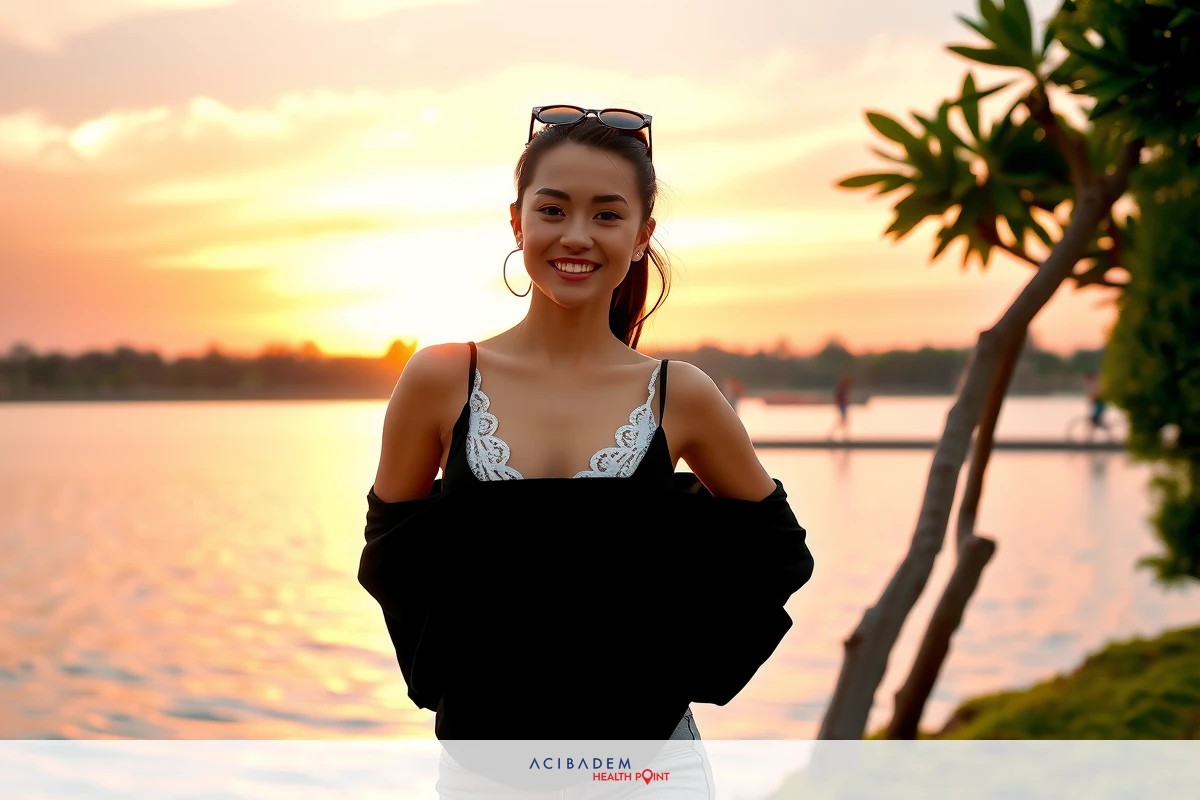 A young woman is smiling at the camera with a sunset in the background. She has sunglasses on her head and is standing next to water, which appears to be a lake or river. The colors of the sunset create a warm glow over the scene.
