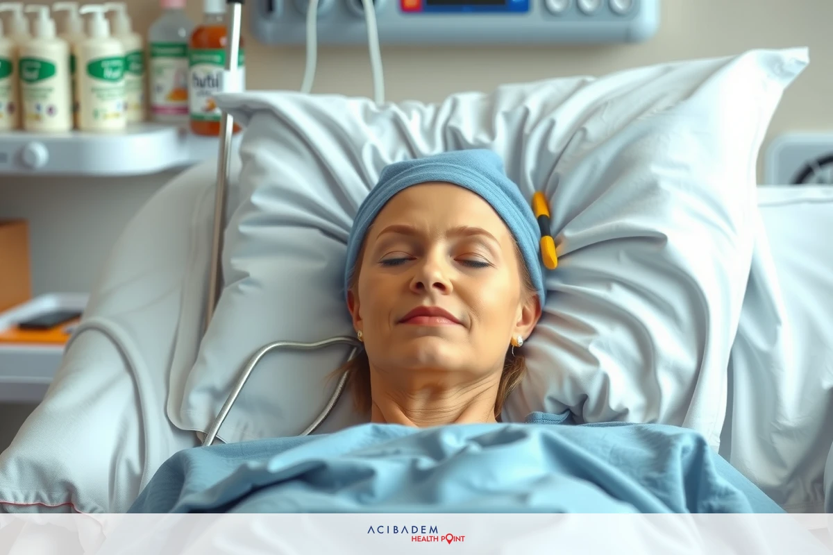 The image shows a woman lying in a hospital bed. She is wearing an eye mask, indicating she may be resting or recovering from surgery or trying to sleep. The environment suggests a medical facility with medical equipment and supplies visible around her.
