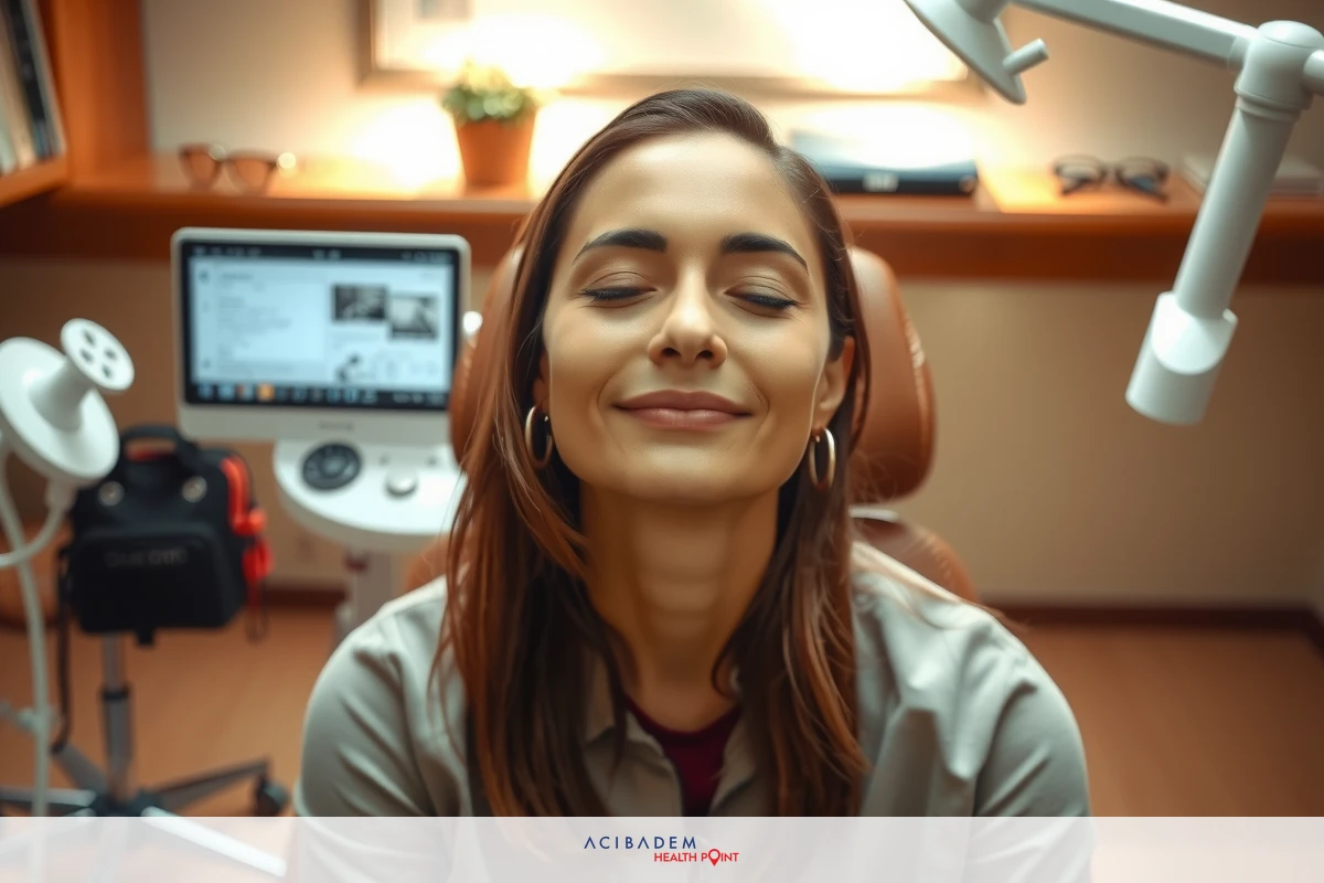 Smiling woman in medical chair, office setting, friendly and welcoming atmosphere.