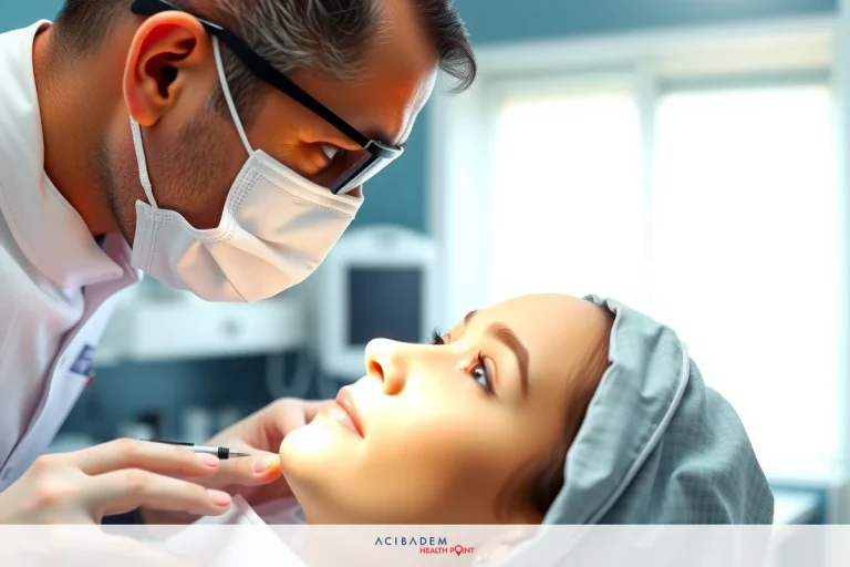 The image is a close-up of professionals in a clinic setting. A male doctor wearing a surgical mask and white gown is examining the nose of a female patient lying in a chair. The environment suggests cleanliness and sterility.