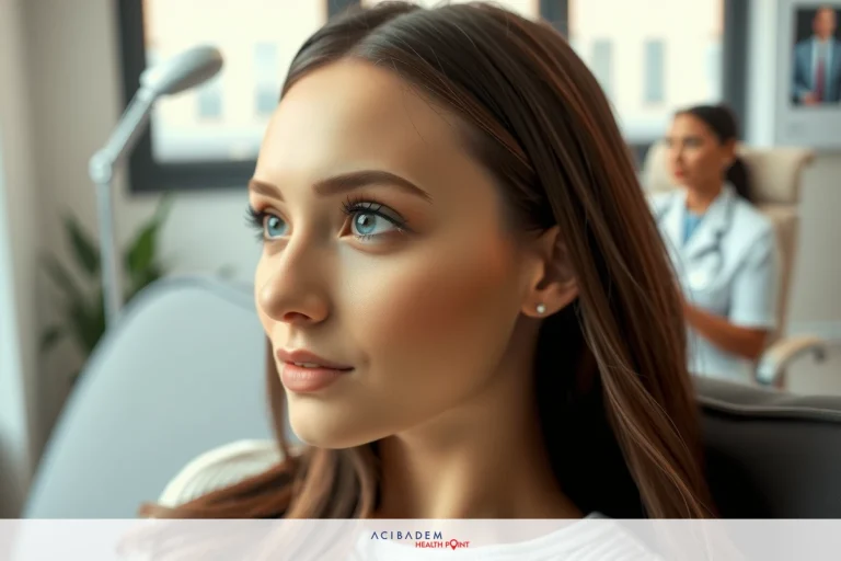 A woman looking forward in an office setting with professional people nearby, likely engaged in a work-related activity.