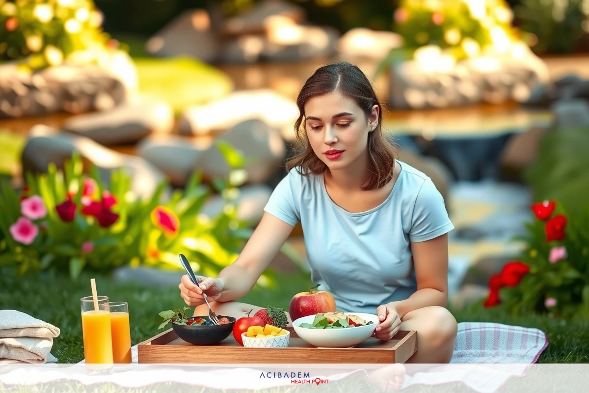 Young woman enjoying a picnic outdoors. She is seated on grass with a colorful blanket, surrounded by nature and flowers, with a view of a stream in the background.