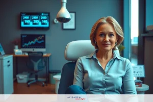 This image features a woman sitting in an office chair. She is wearing professional attire and has her legs crossed. The office setting includes desks with laptops, chairs, a reception area, and financial charts on the wall, indicating that this might be a corporate environment.