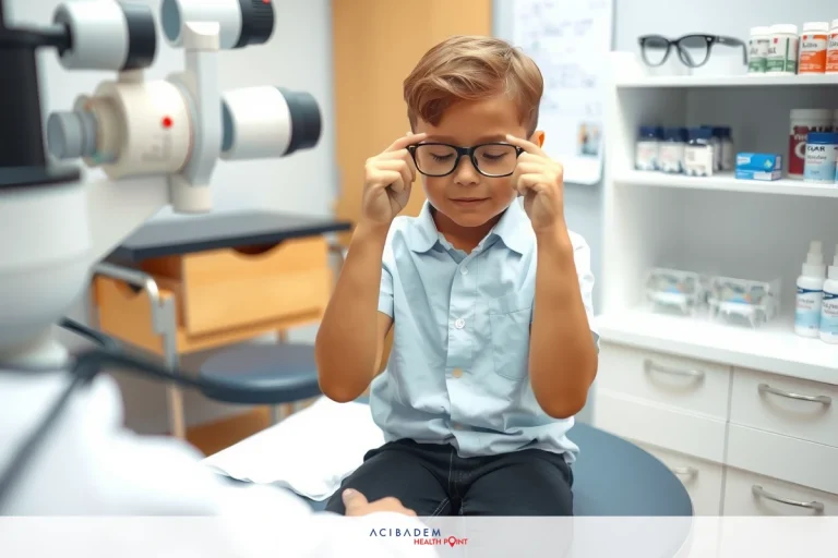The image shows a young boy sitting on an examination table in what appears to be an optician's office. The boy is wearing glasses and has his hands up to the sides of his face.
