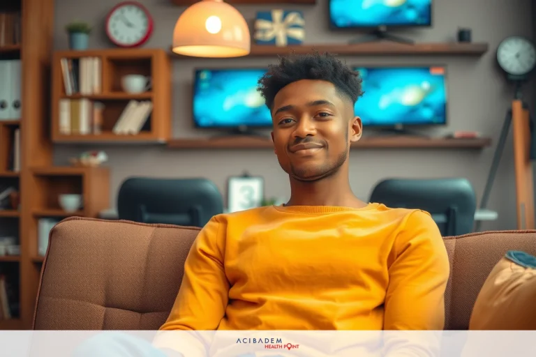 Can LASIK Eye Surgery Correct Farsightedness? The image shows a young man seated on a couch in an indoor setting. He appears to be looking at the camera with a slight smile. The room has a modern and comfortable ambiance, with various items including books, a television, and framed artwork visible in the background.