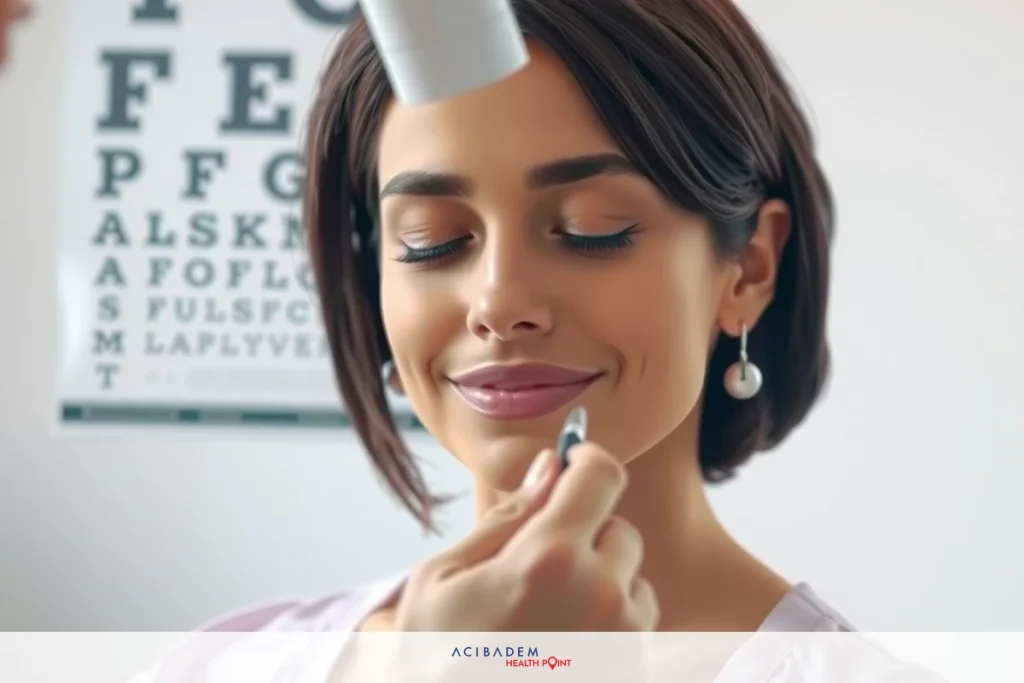 The image shows a woman in an eye examination setting. She appears to be receiving an eye test with a technician administering the procedure.