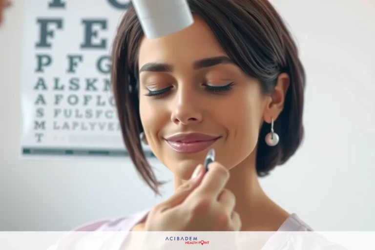The image shows a woman in an eye examination setting. She appears to be receiving an eye test with a technician administering the procedure.