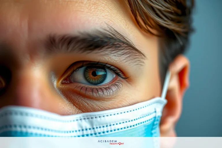 The image features a close-up of a person wearing medical scrubs and a surgical mask. The individual has one eye visible, which appears to be of varying shades of brown, possibly indicating an examination or medical procedure context.