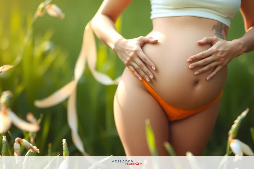 Getting Pregnant After BBL Surgery A woman in a bikini, showing off her belly, probably pregnant. She is surrounded by tall grass and flowers, indicating an outdoor, possibly summertime setting.