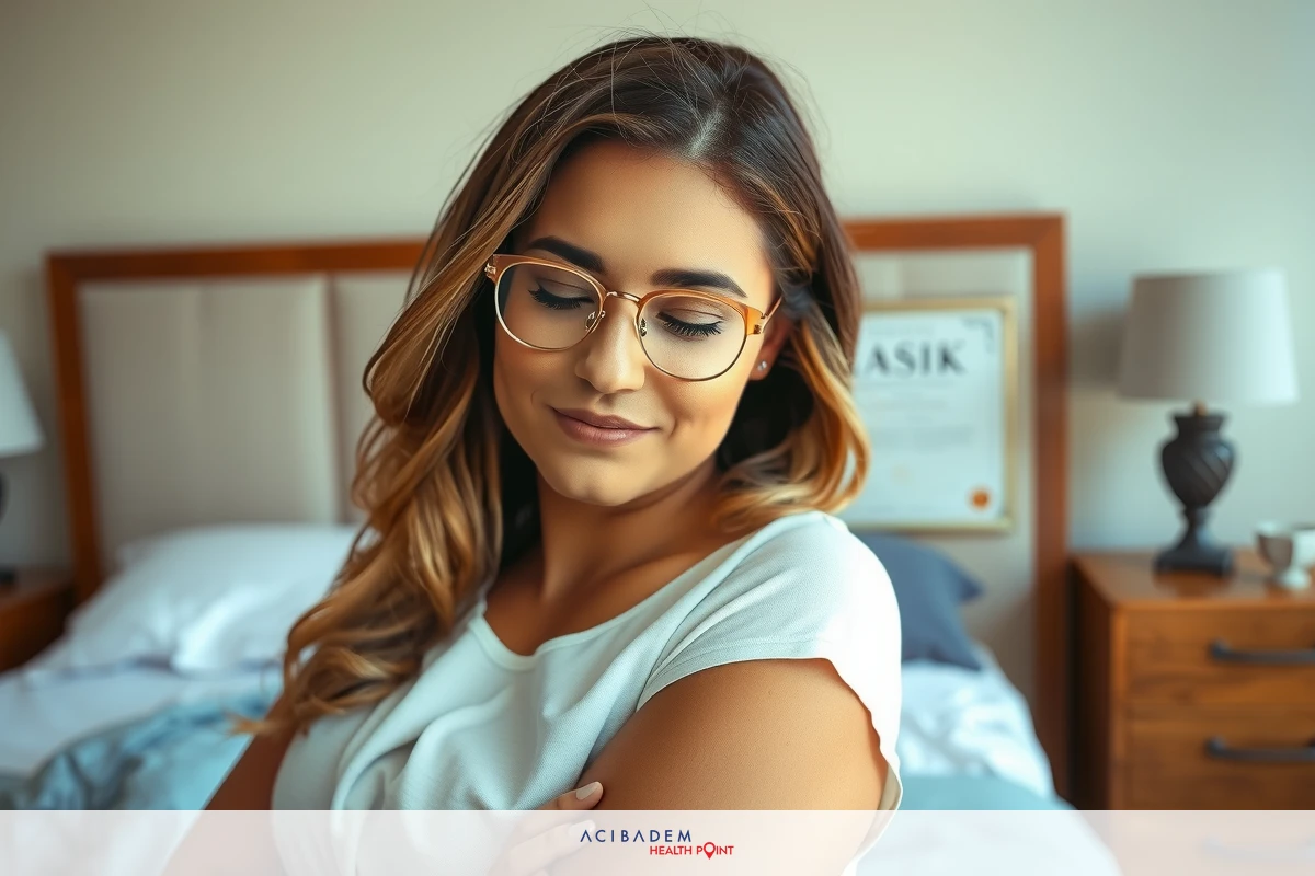 The image features a woman seated on a bed with her eyes closed, possibly in a state of relaxation or rest. She is wearing glasses and has blonde hair. The room is softly lit and has a cozy feel to it.