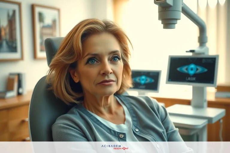 Can LASIK Cause Lazy Eye? The image shows a woman seated in an office chair. She appears to be resting with her eyes closed, wearing glasses and looking downward. There is a computer screen displaying what seems to be medical data or an eye test.