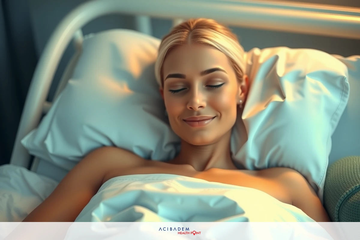 A woman is comfortably sleeping in a hospital bed, with no visible discomfort or distress. She is wearing an earring and has a smile on her face. The room appears to be well-lit with a warm tone.