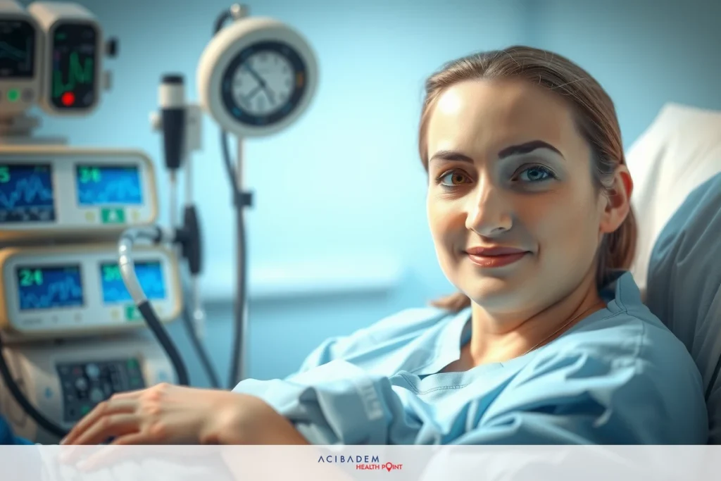 A woman in a hospital bed with medical equipment around her, looking relaxed and smiling. She is wearing a blue gown over scrubs. The room has clinical blue walls and the lighting appears to be adjustable for patient comfort.