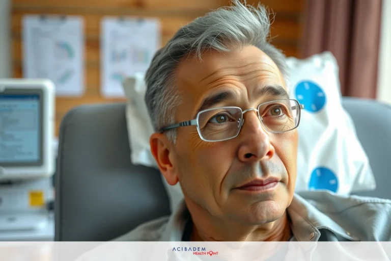 A man with glasses is sitting in a hospital room, looking into the camera. He is seated on a bed and there are medical devices around him suggesting he may be undergoing treatment or recovery.